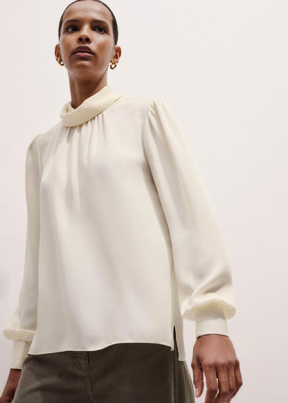 Cream Silk High Neck Slim Cut Blouse | ME+EM