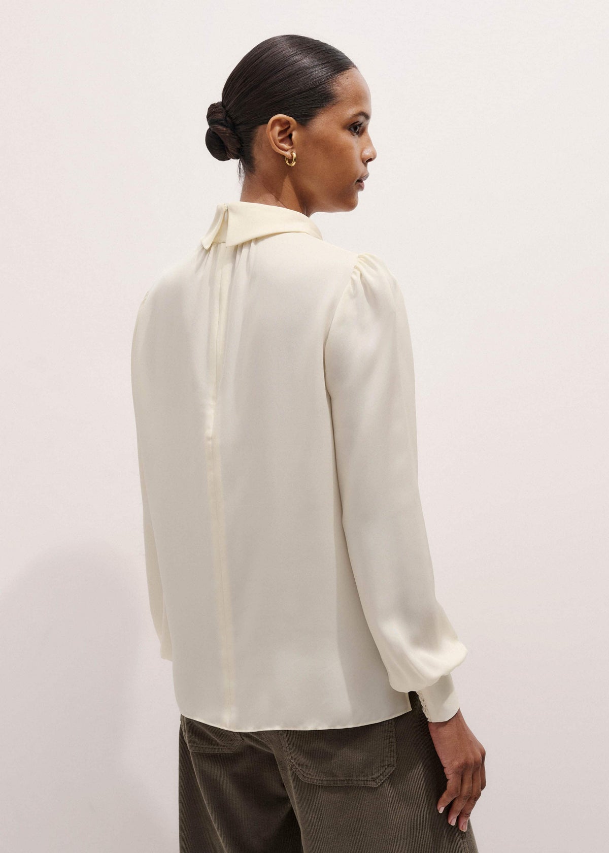 Cream Silk High Neck Slim Cut Blouse | ME+EM