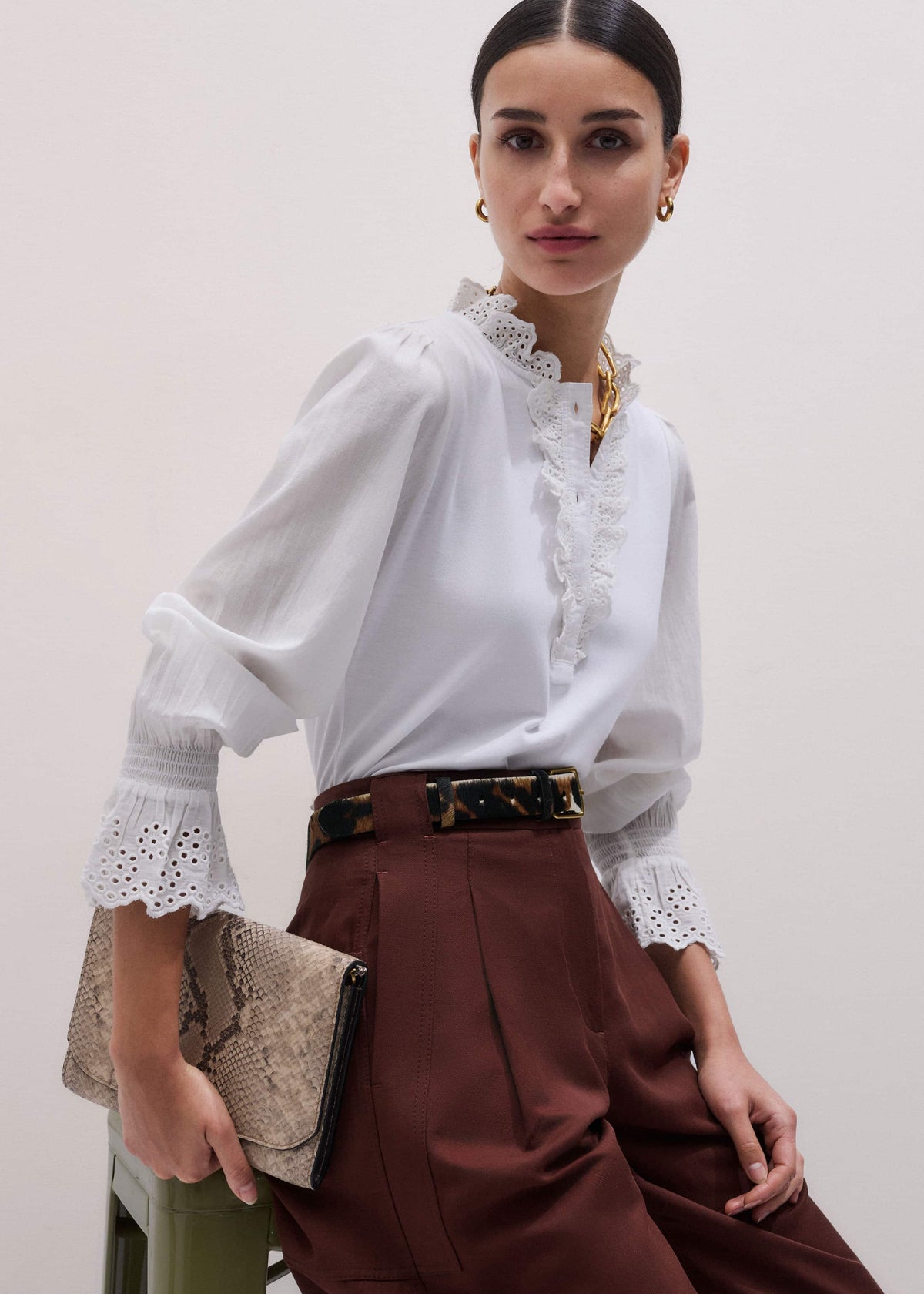 White Cotton Voile Broderie Layering Blouse | ME+EM