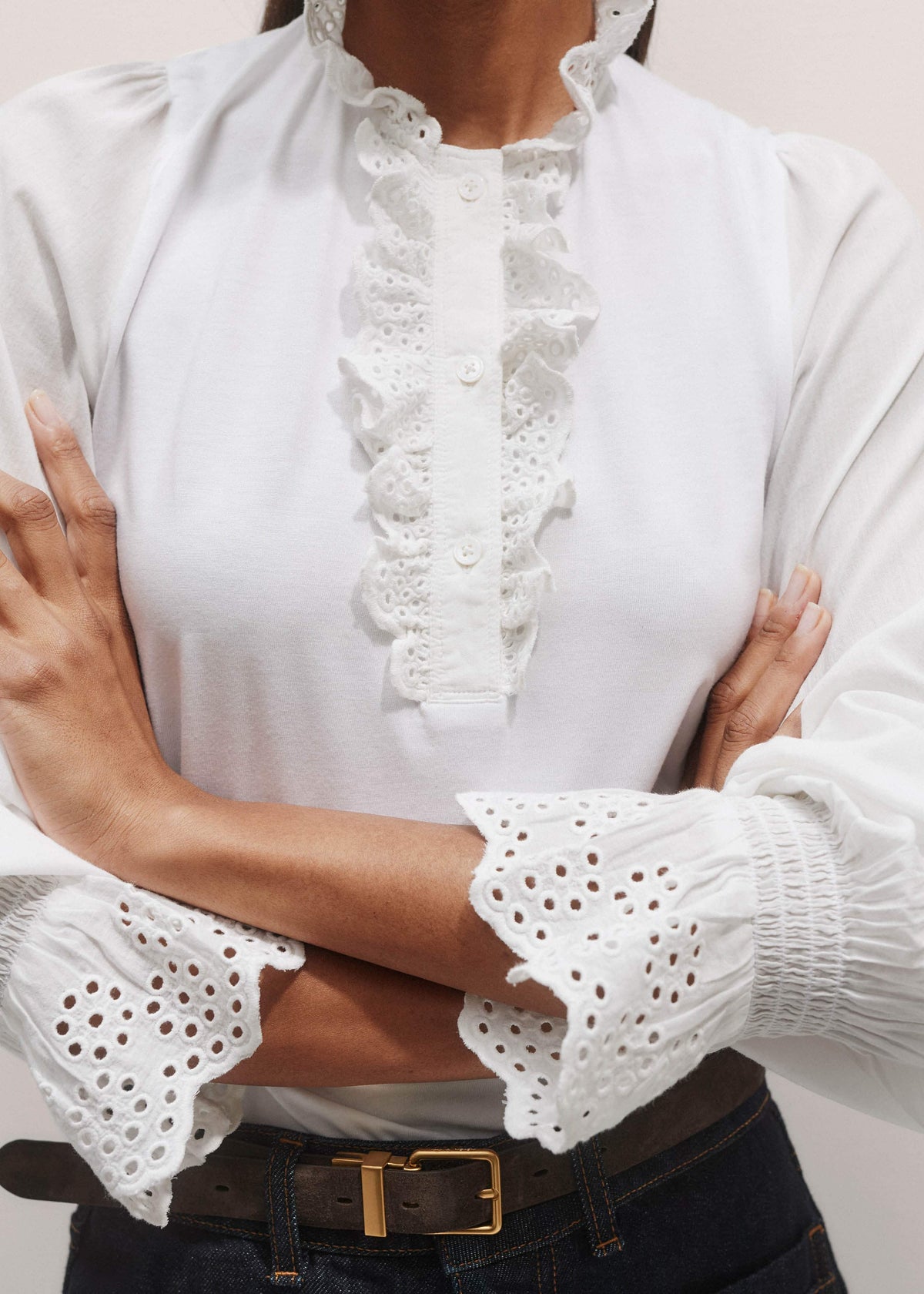 White Cotton Voile Broderie Layering Blouse | ME+EM