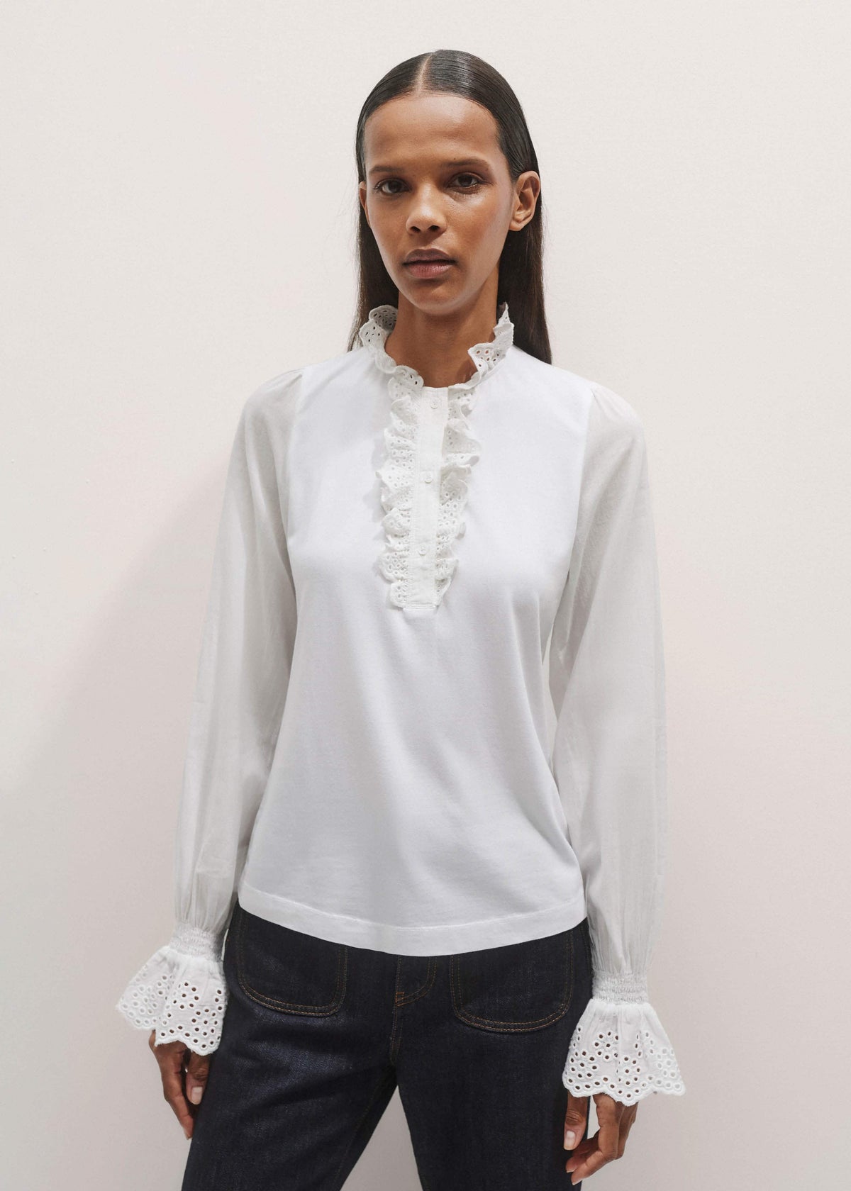 White Cotton Voile Broderie Layering Blouse | ME+EM