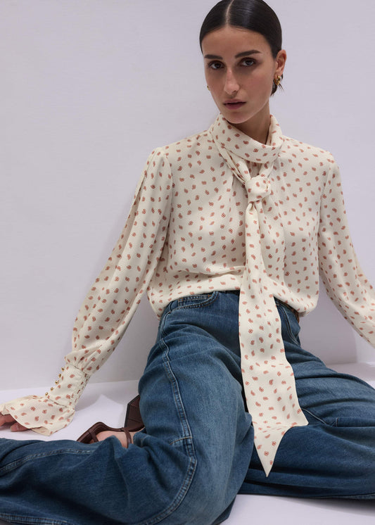 Cream Silk Spaced Paisley Print Statement Sleeve Blouse + Tie | ME+EM