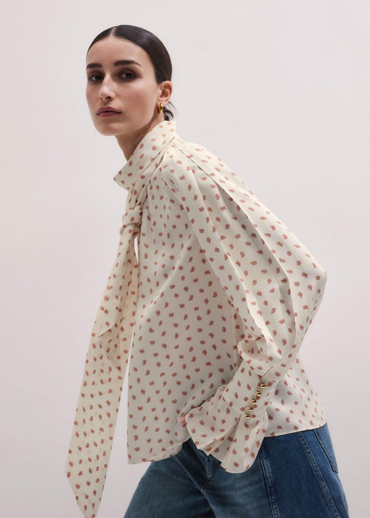 Cream Silk Spaced Paisley Print Statement Sleeve Blouse + Tie | ME+EM