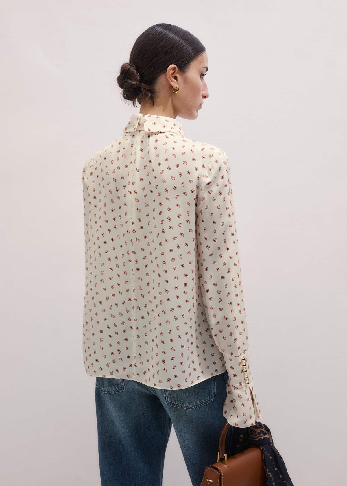 Cream Silk Spaced Paisley Print Statement Sleeve Blouse + Tie | ME+EM