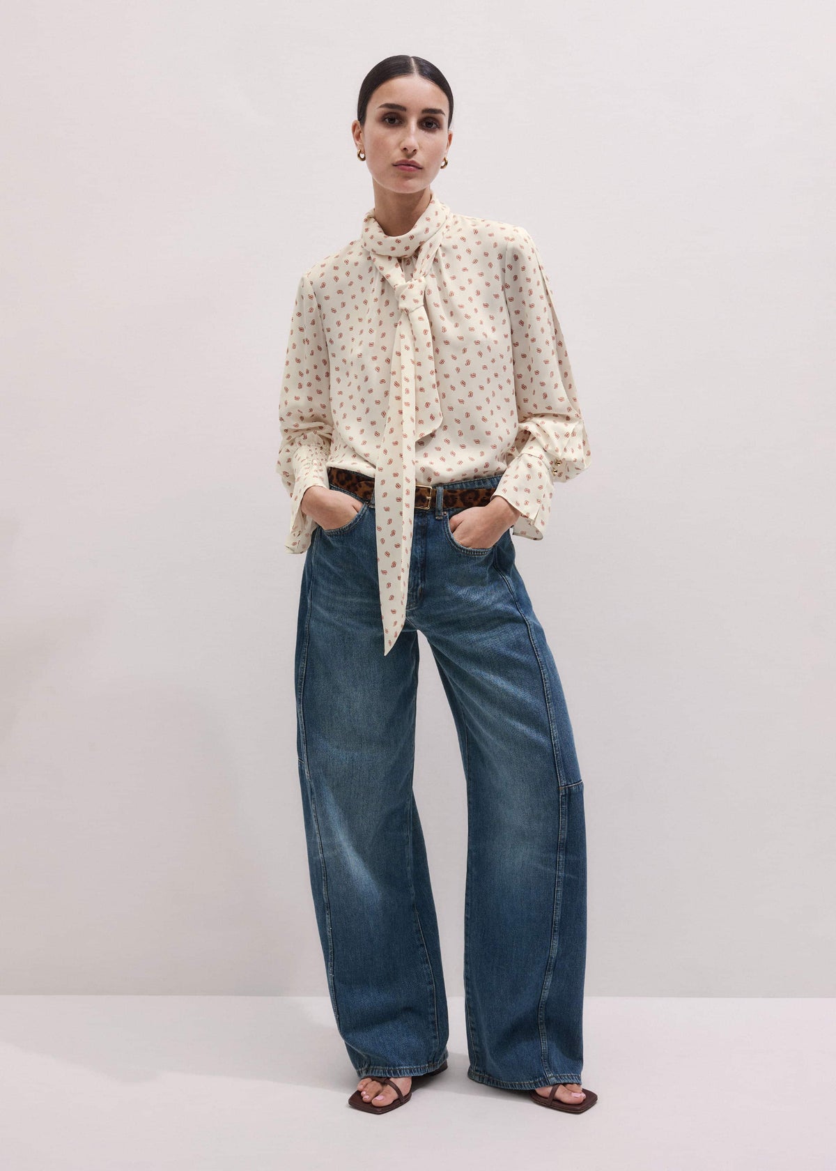Cream Silk Spaced Paisley Print Statement Sleeve Blouse + Tie | ME+EM