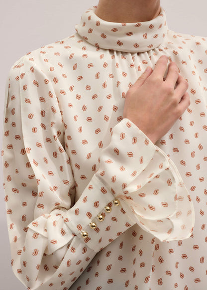 Cream Silk Spaced Paisley Print Statement Sleeve Blouse + Tie | ME+EM