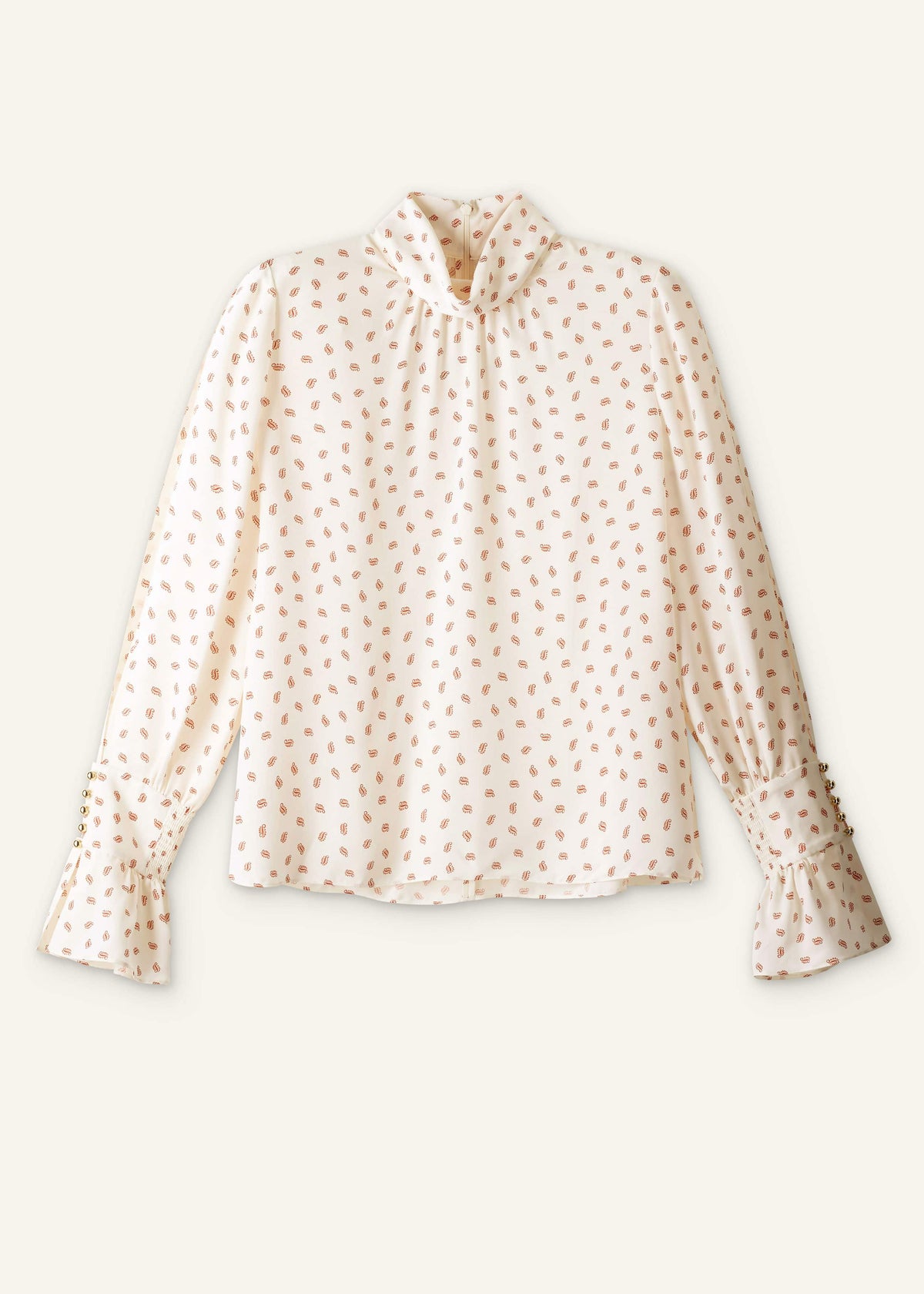 Cream Silk Spaced Paisley Print Statement Sleeve Blouse + Tie | ME+EM