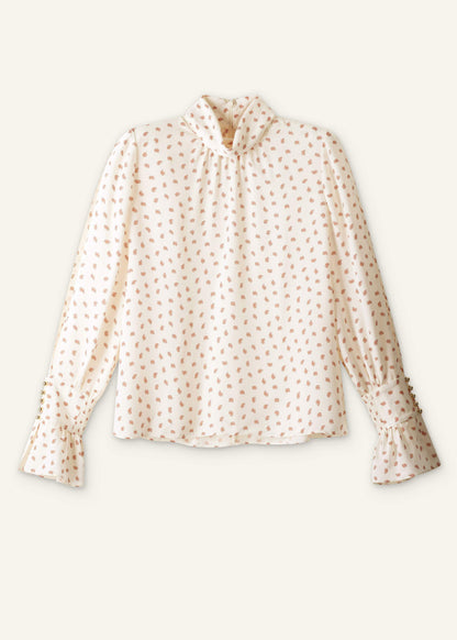 Cream Silk Spaced Paisley Print Statement Sleeve Blouse + Tie | ME+EM