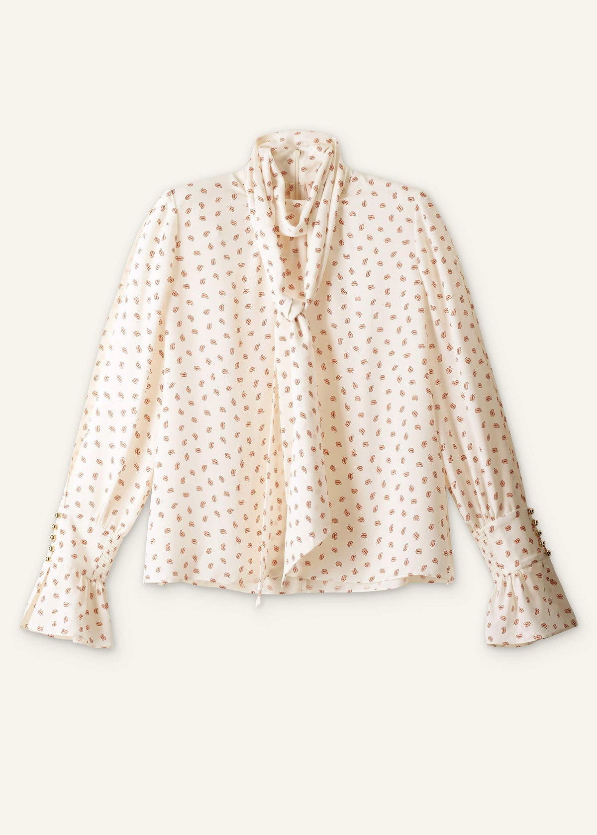 Cream Silk Spaced Paisley Print Statement Sleeve Blouse + Tie | ME+EM