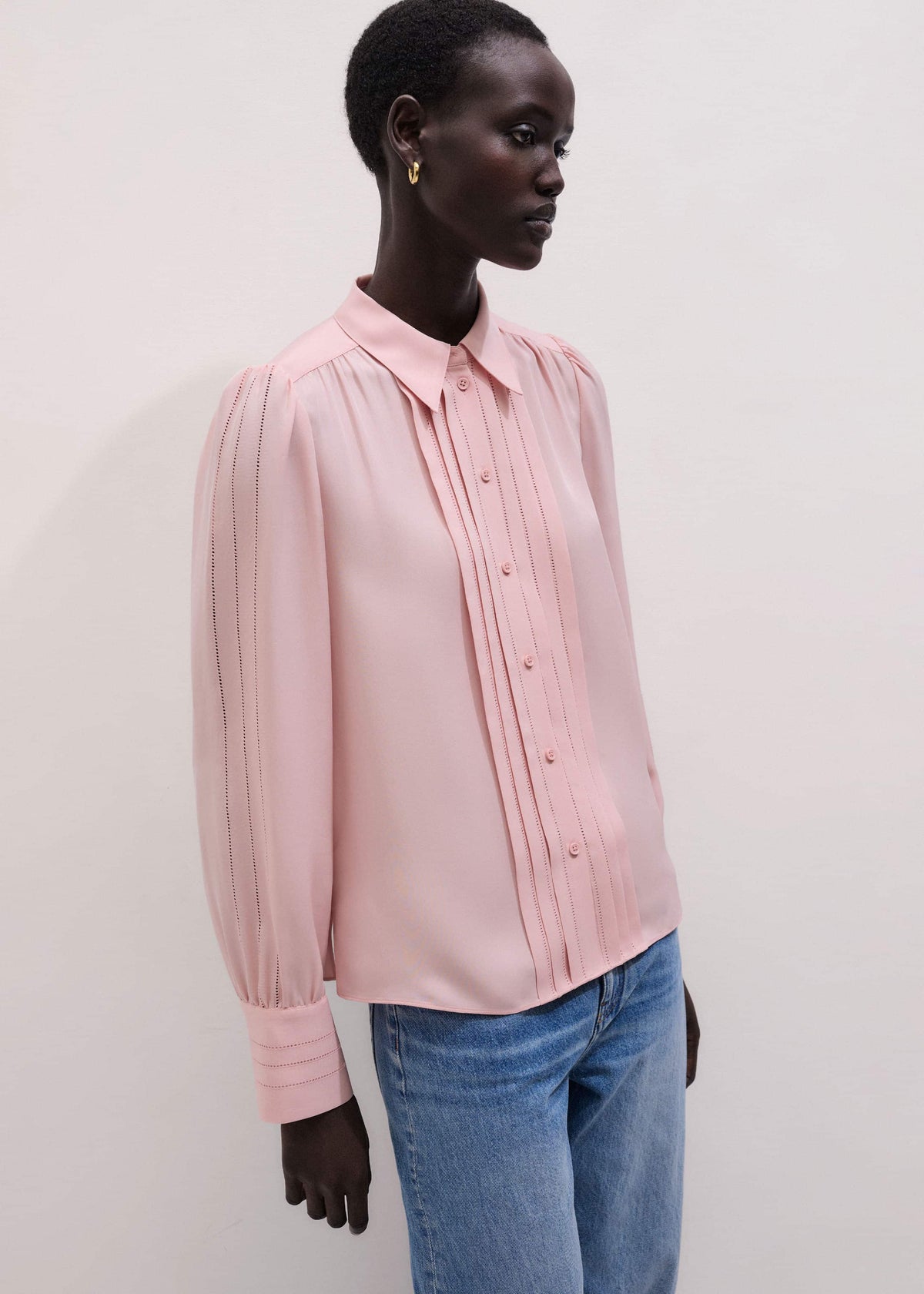 Pink Silk Feminine Embroidered Fluid Straight Blouse | ME+EM