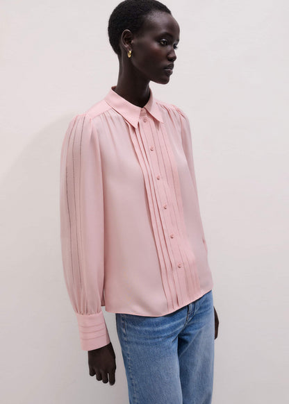 Pink Silk Feminine Embroidered Fluid Straight Blouse | ME+EM