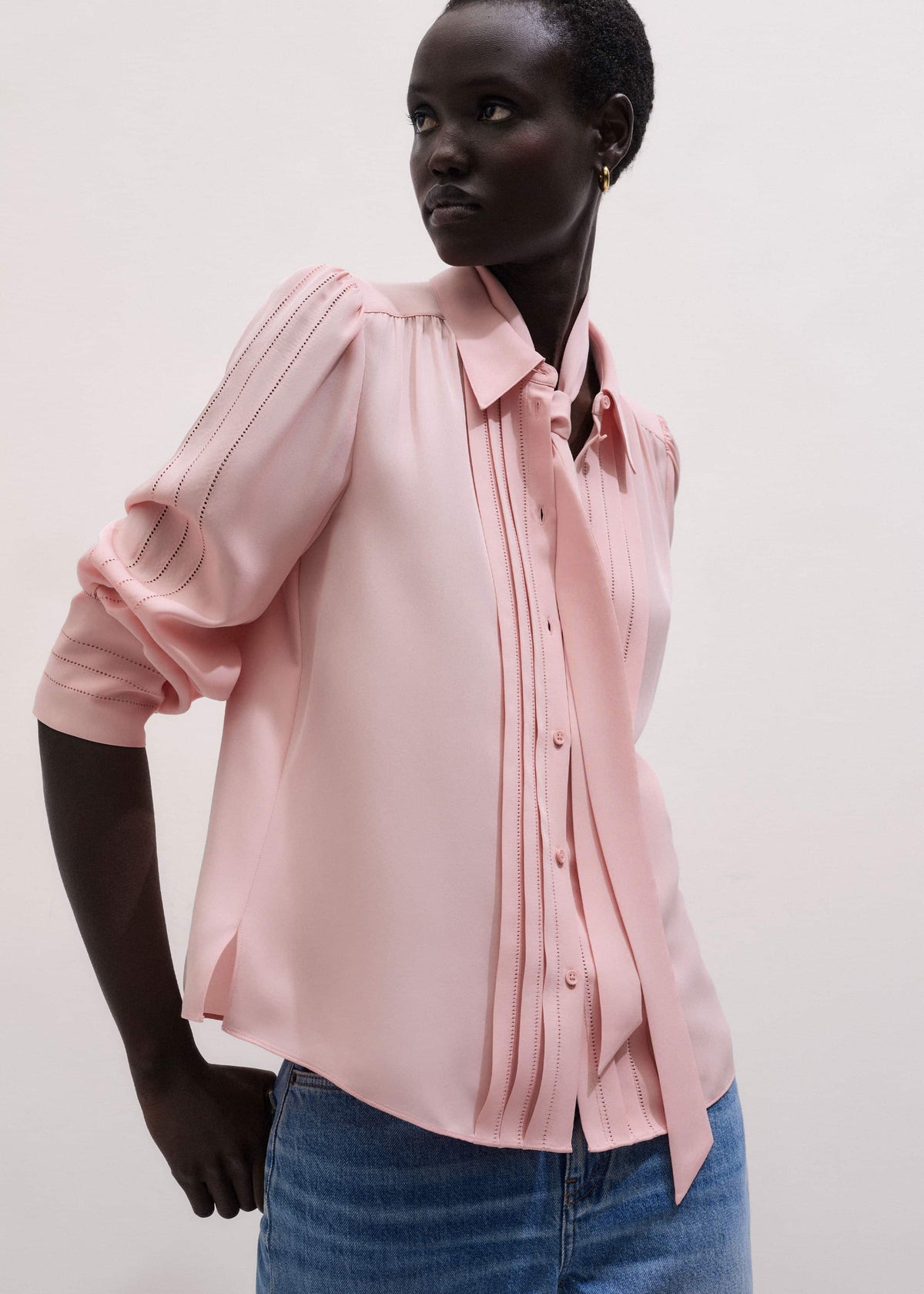 Pink Silk Feminine Embroidered Fluid Straight Blouse | ME+EM