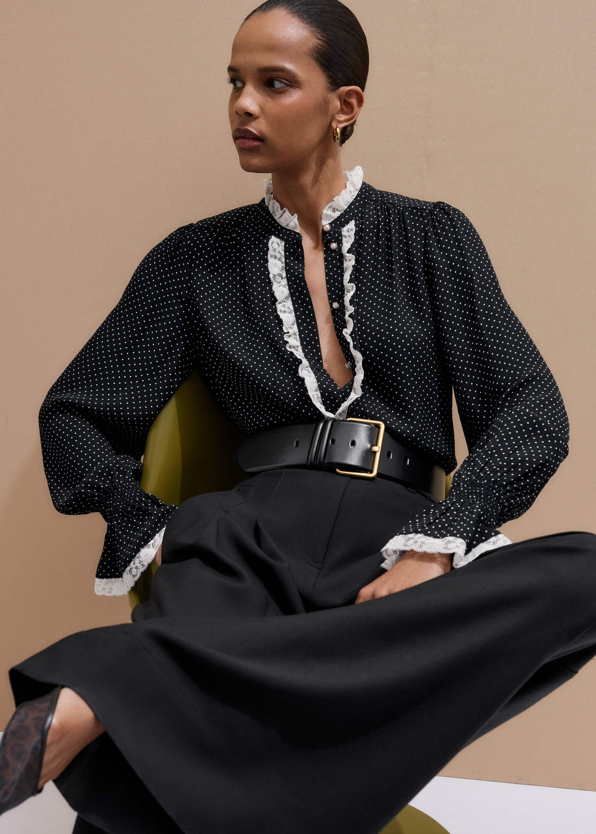 Black Micro Polka Dot And Lace Blouse | ME+EM