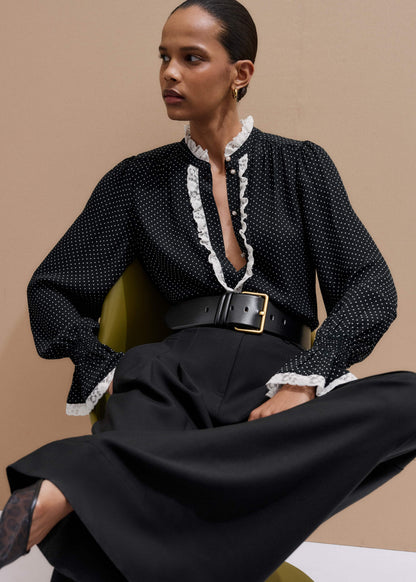 Black Micro Polka Dot And Lace Blouse | ME+EM