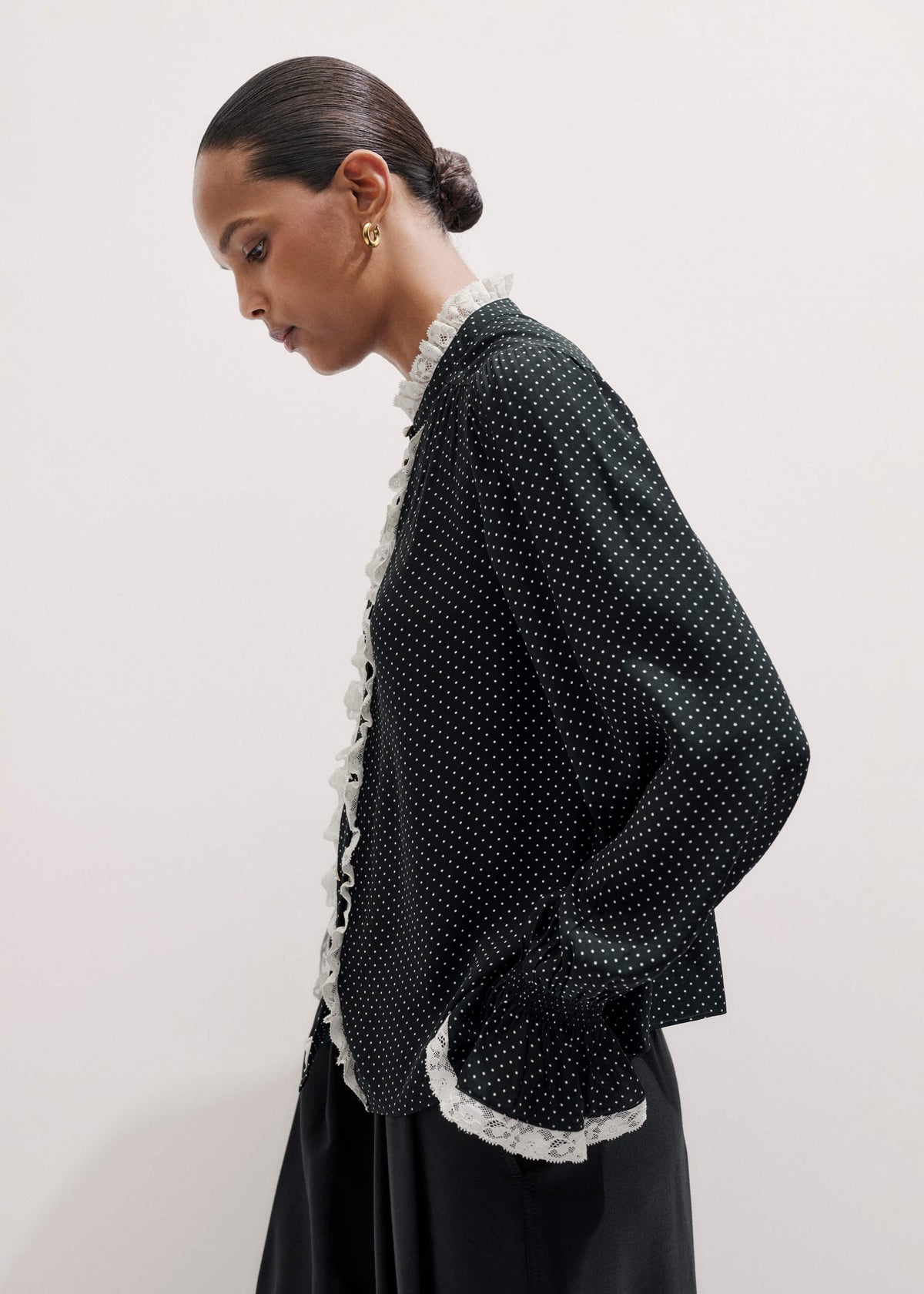 Black Micro Polka Dot And Lace Blouse | ME+EM