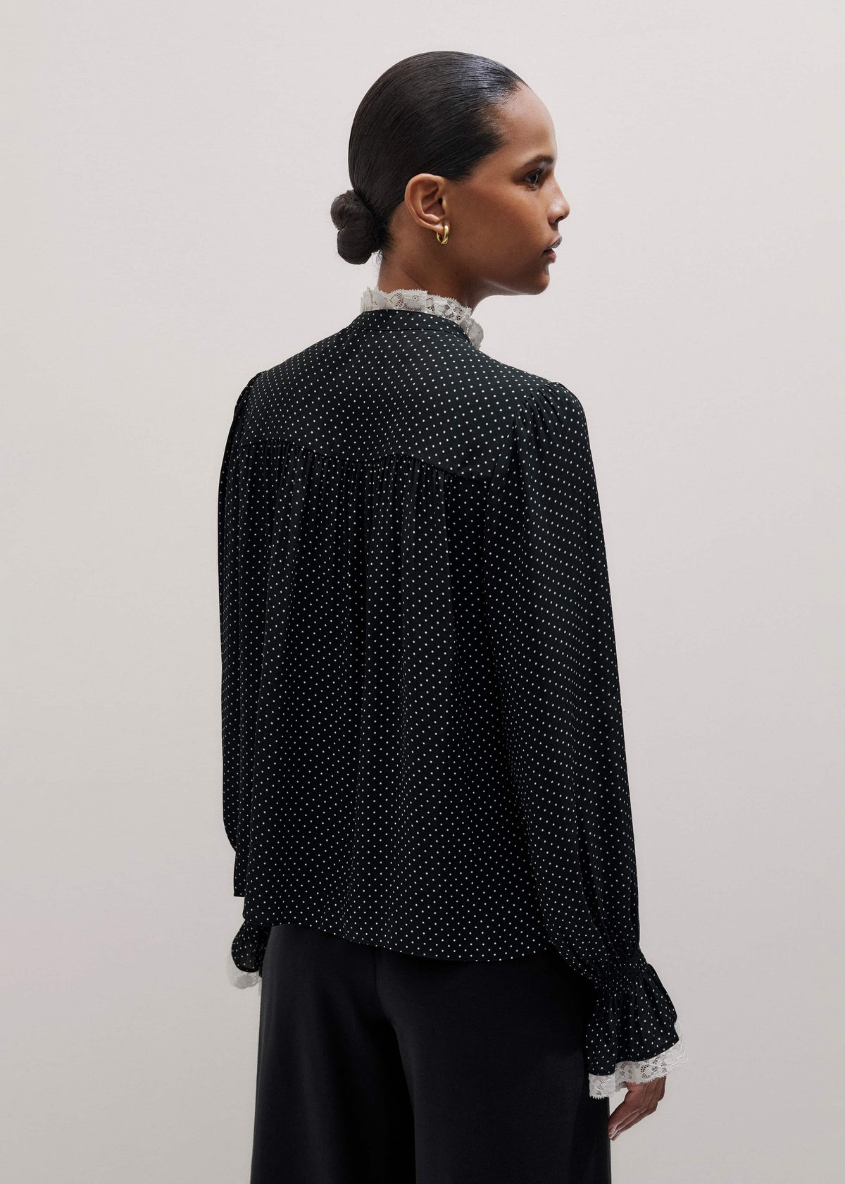 Black Micro Polka Dot And Lace Blouse | ME+EM