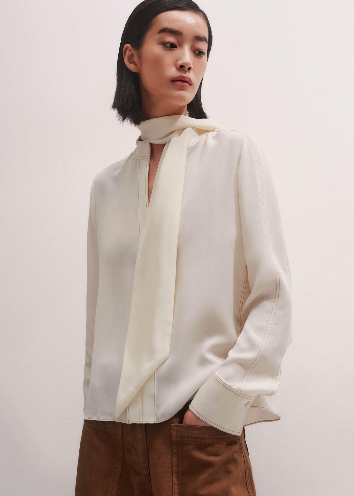 Cream High Neck Blouse + Tie | ME+EM
