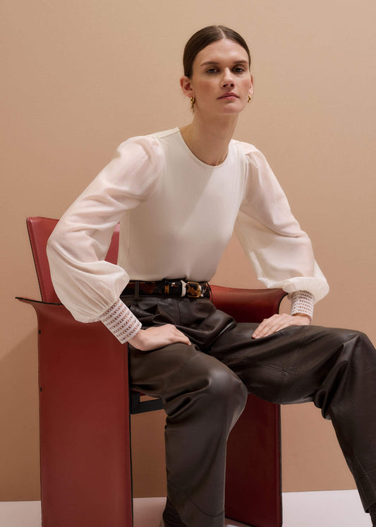 Cream Sheer Mixed Media Layering Blouse | ME+EM