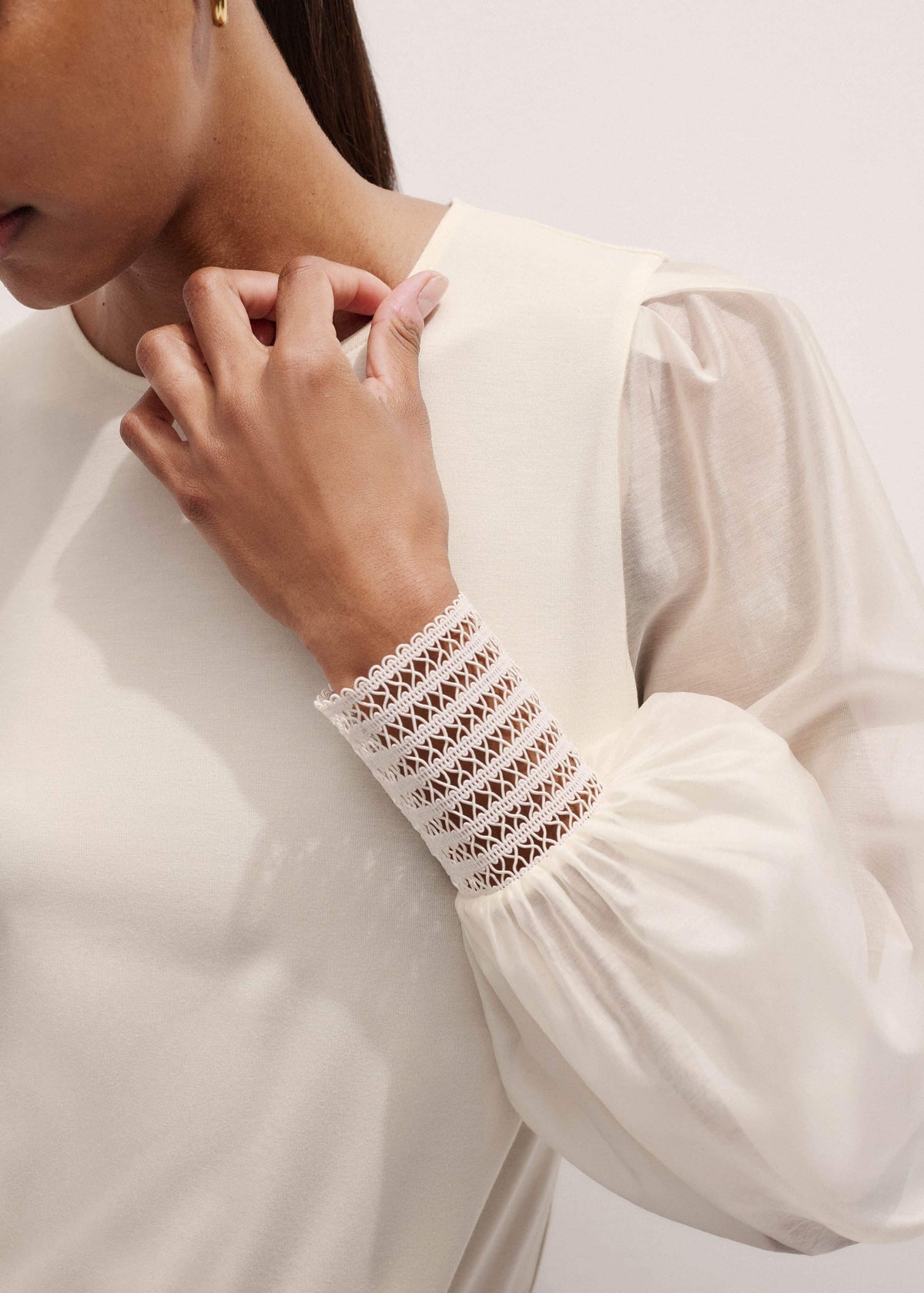 Cream Sheer Mixed Media Layering Blouse | ME+EM