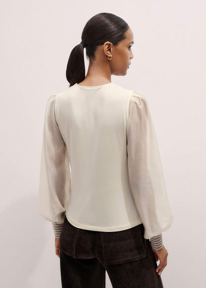Cream Sheer Mixed Media Layering Blouse | ME+EM