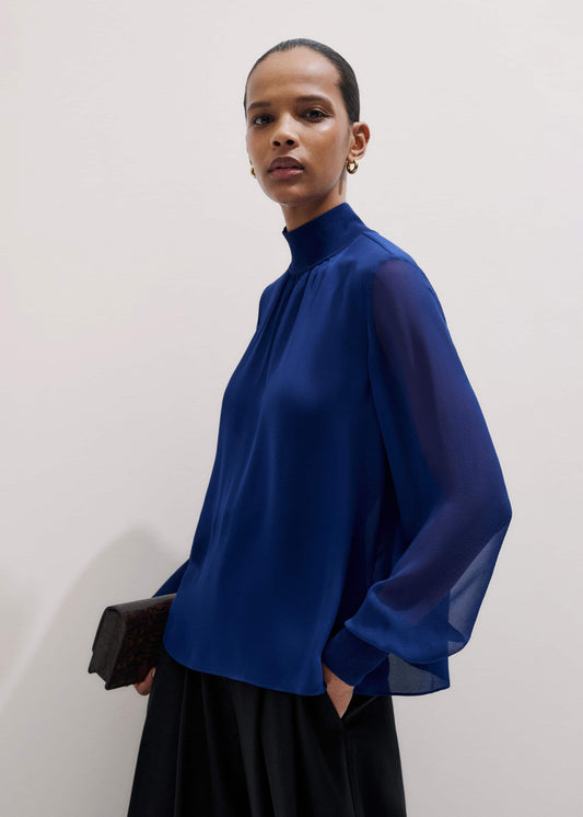 Blue Silk Chic Rib Straight Blouse | ME+EM