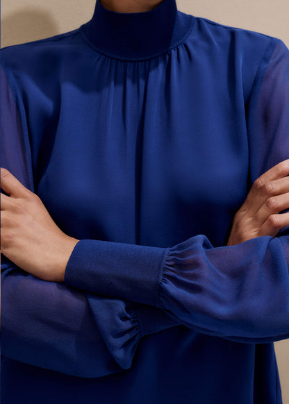 Blue Silk Chic Rib Straight Blouse | ME+EM