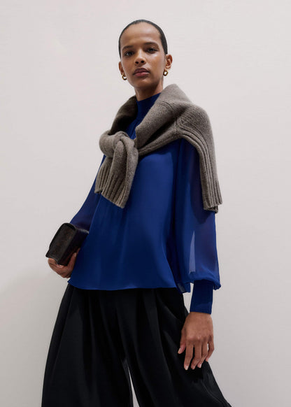 Blue Silk Chic Rib Straight Blouse | ME+EM