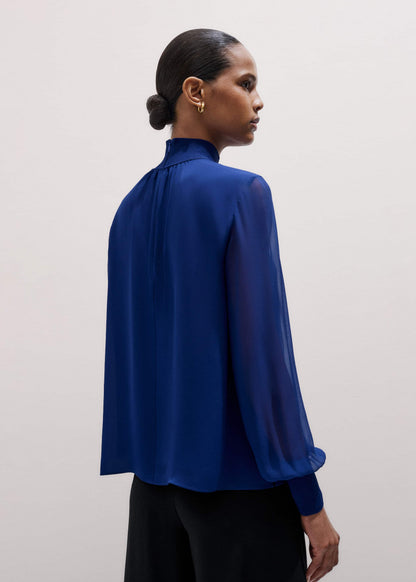 Blue Silk Chic Rib Straight Blouse | ME+EM