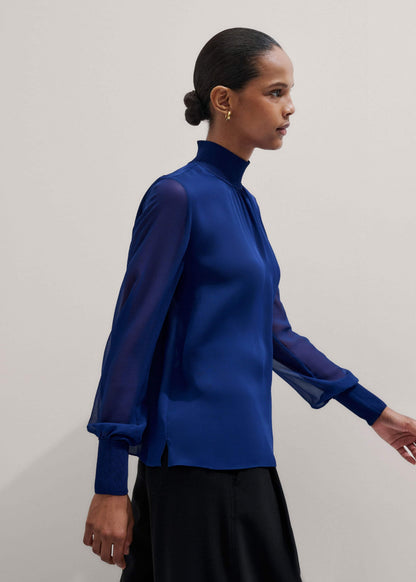 Blue Silk Chic Rib Straight Blouse | ME+EM