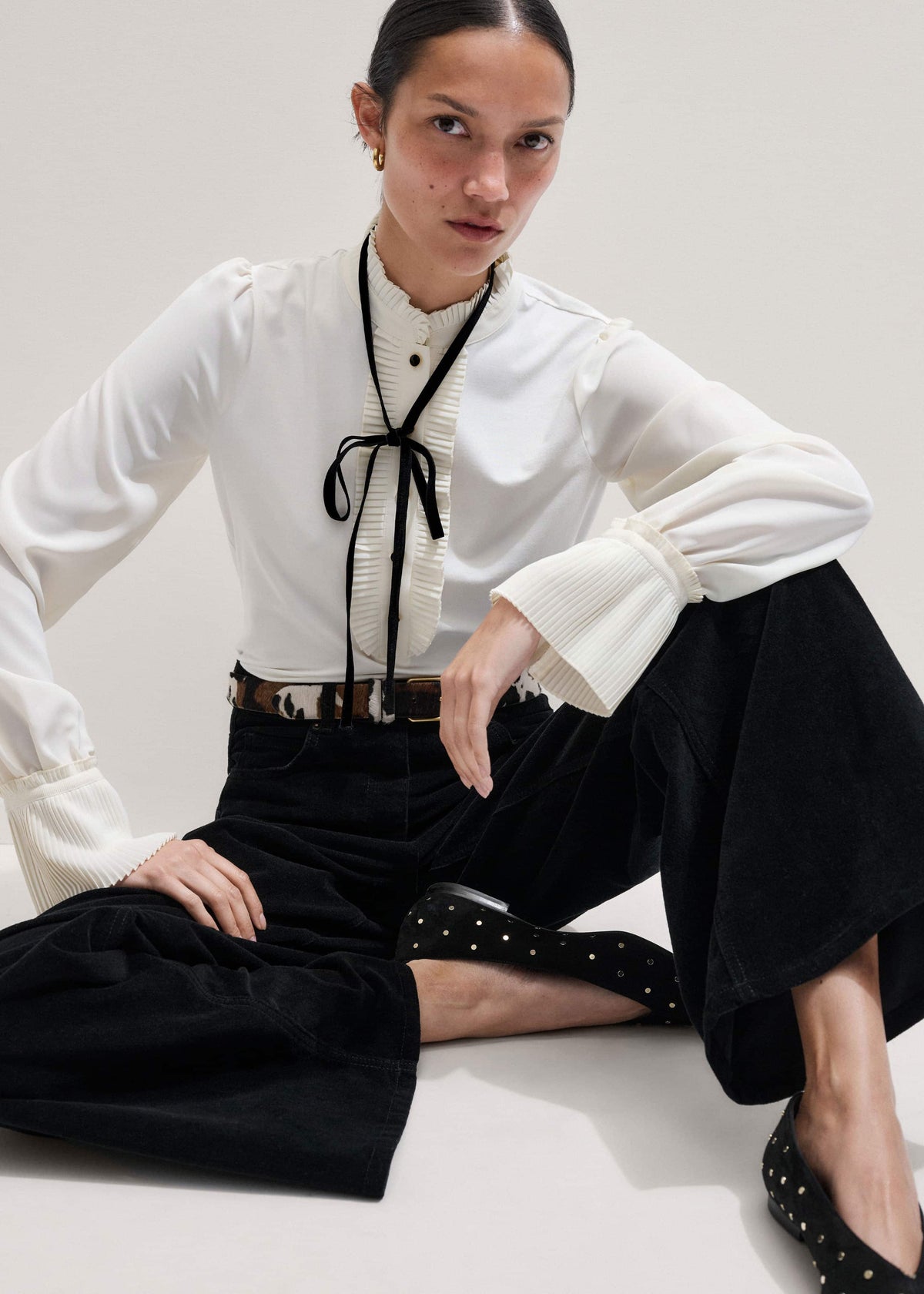 Cream Frill Neck Layering Blouse + Tie | ME+EM