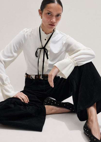 Cream Frill Neck Layering Blouse + Tie | ME+EM