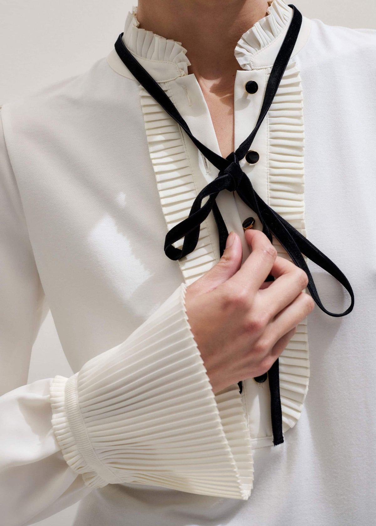 Cream Frill Neck Layering Blouse + Tie | ME+EM
