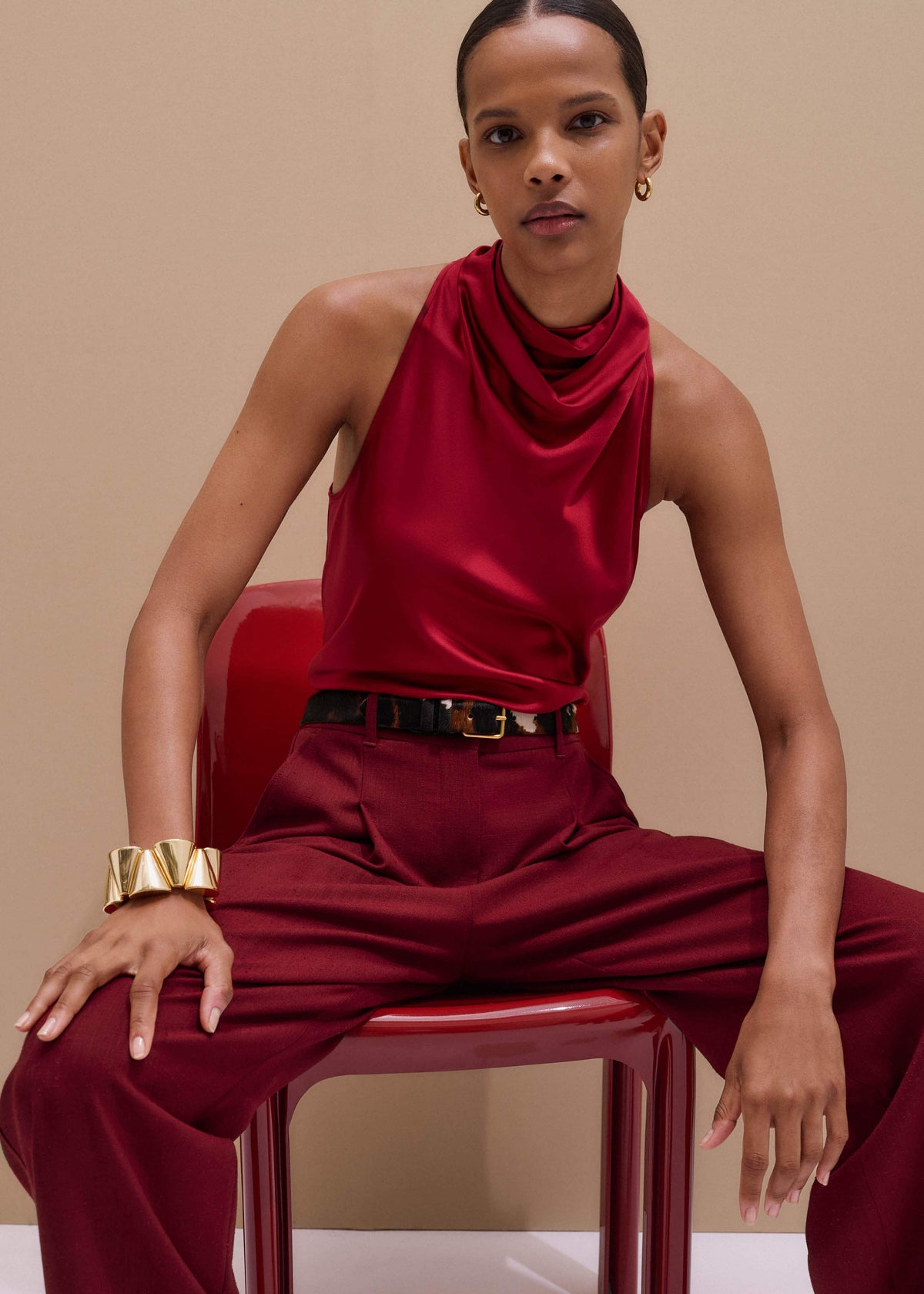 Red Silk Satin Halterneck Sleeveless Top | ME+EM