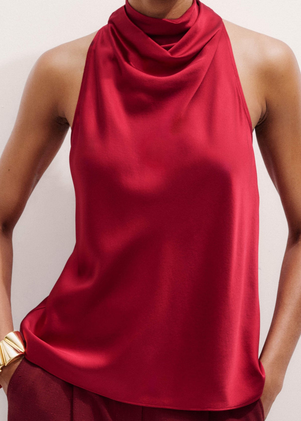 Red Silk Satin Halterneck Sleeveless Top | ME+EM