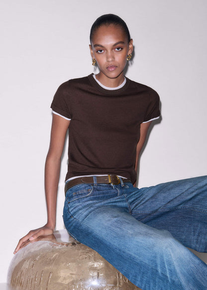 Brown Barely There Contrast Trim Knit Baby Tee | ME+EM