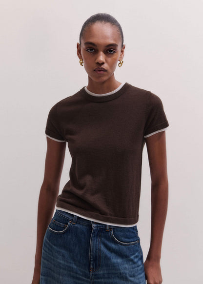 Brown Barely There Contrast Trim Knit Baby Tee | ME+EM
