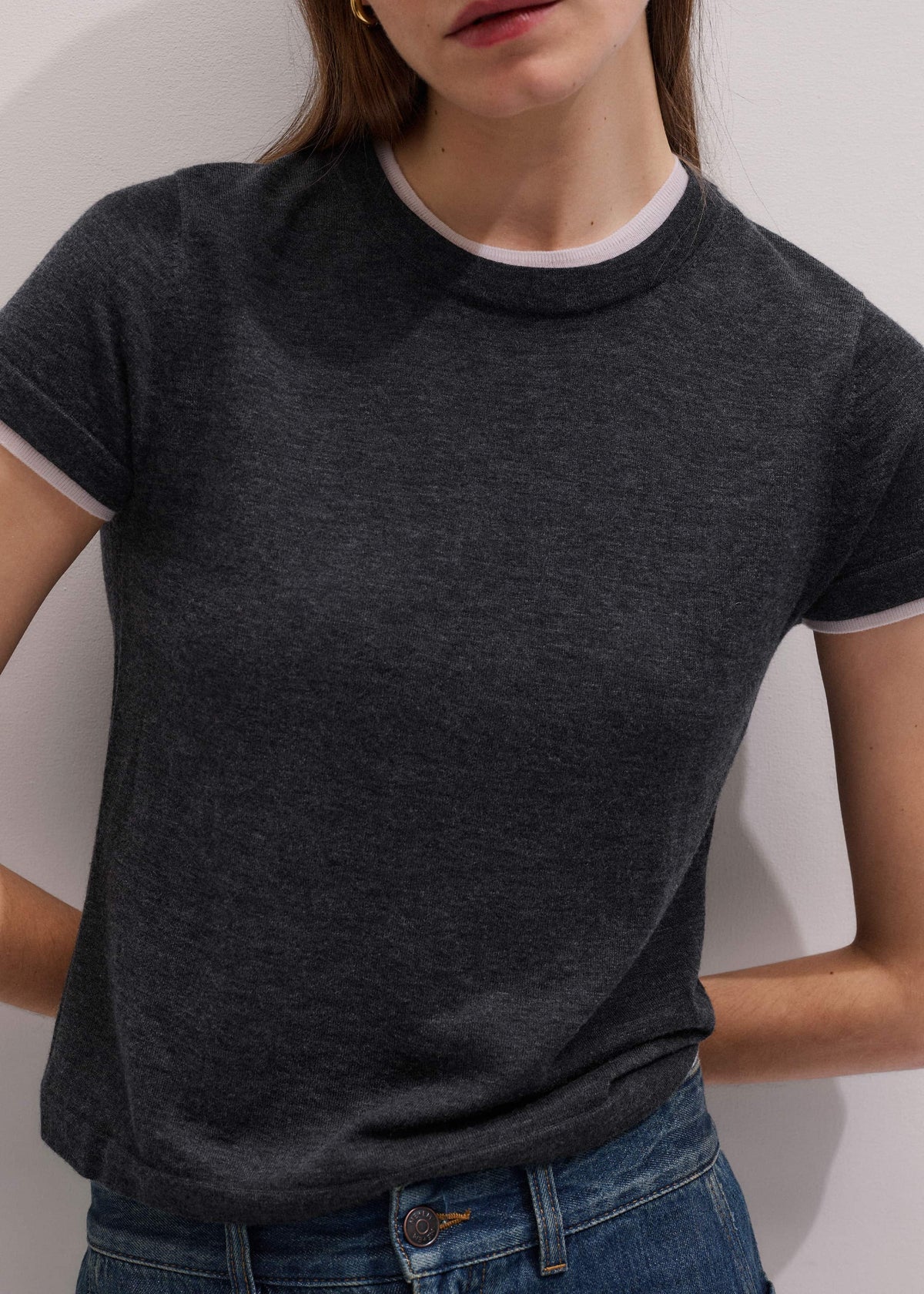 Grey Barely There Contrast Trim Knit Baby Tee | ME+EM