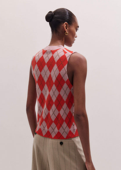 Pink Fine Argyle Slim Knit Vest | ME+EM