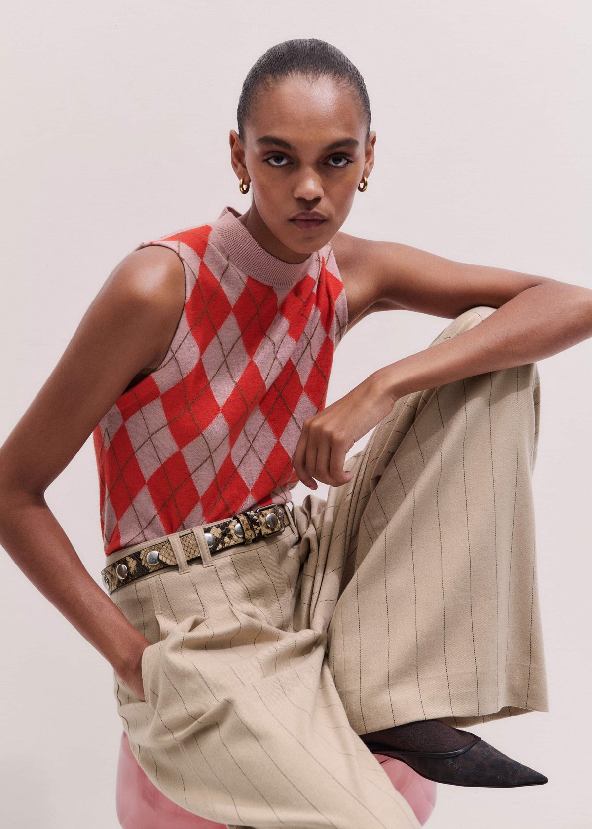 Pink Fine Argyle Slim Knit Vest | ME+EM