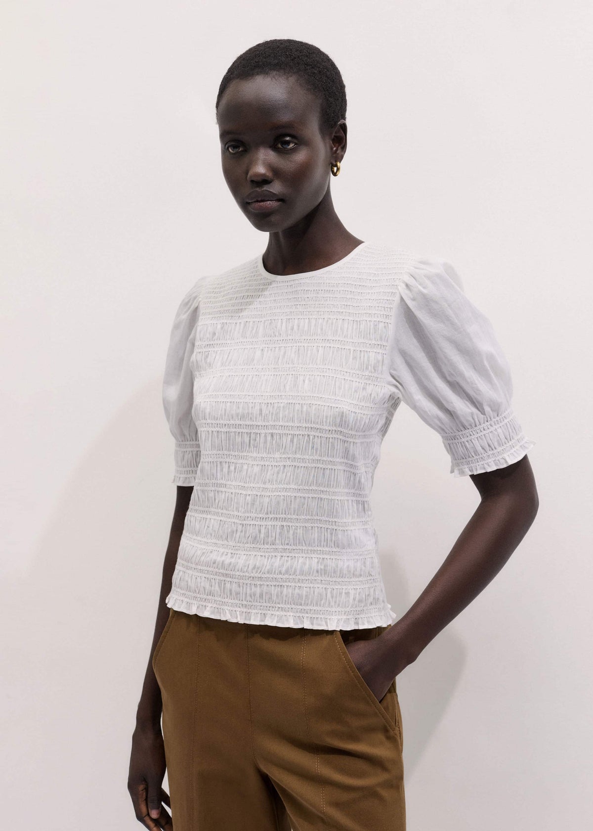 White Soft Cotton Contrast Stitch Smocked Day Top | ME+EM
