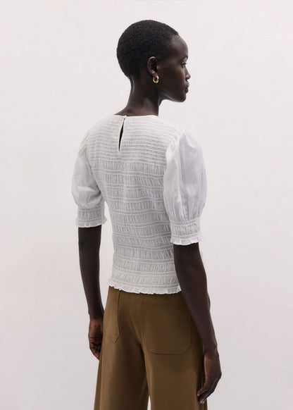 White Soft Cotton Contrast Stitch Smocked Day Top | ME+EM