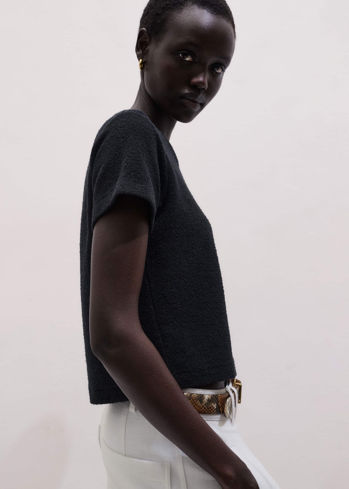 Black Textured Crew Neck Baby Tee | ME+EM