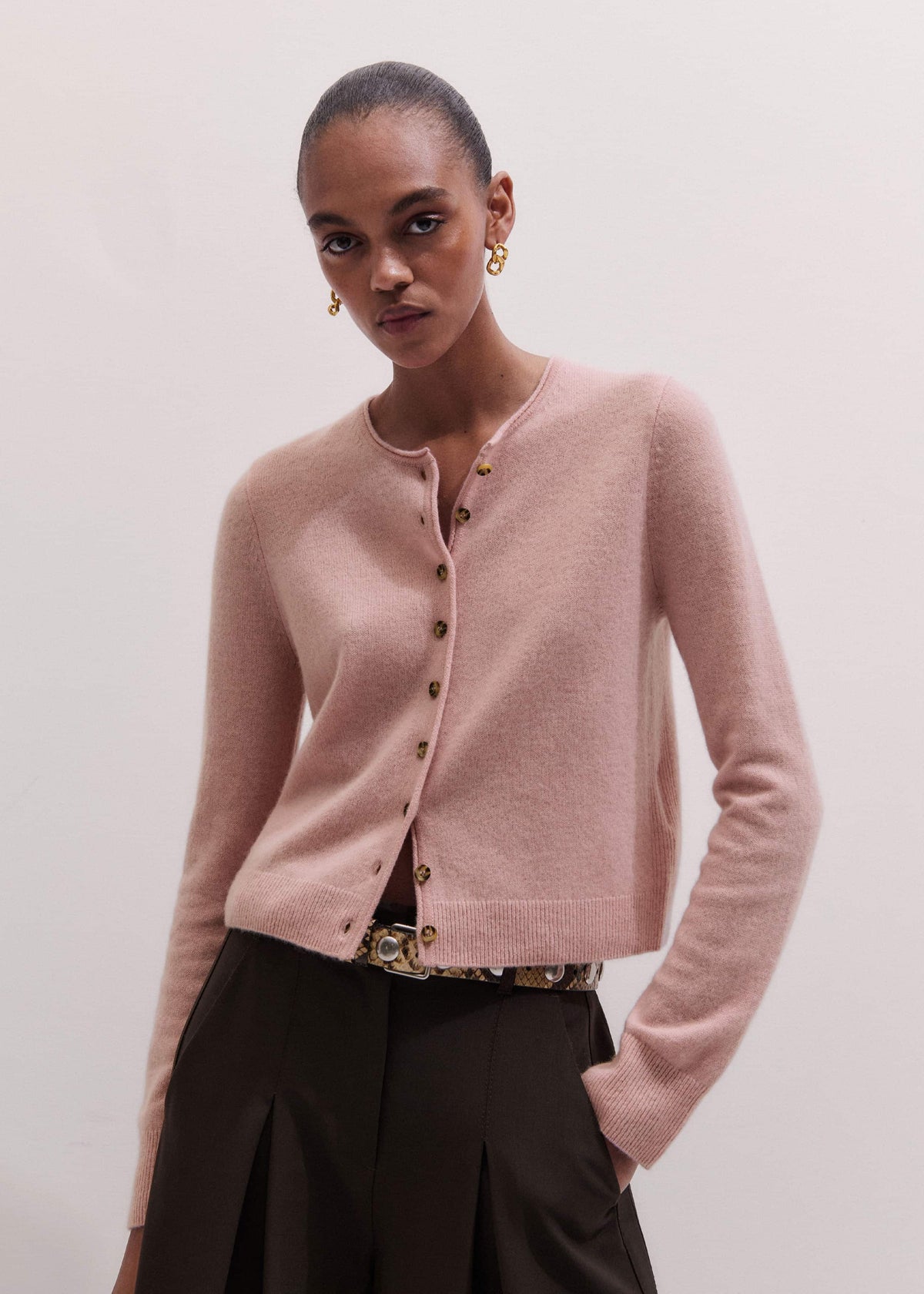 Pink Cashmere Roll Trim Straight Cardigan | ME+EM