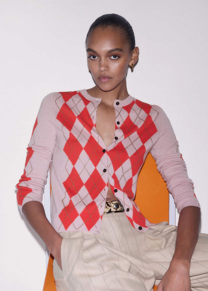 Pink Fine Argyle Slim Knit Cardigan | ME+EM