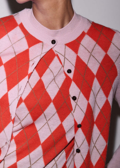 Pink Fine Argyle Slim Knit Cardigan | ME+EM