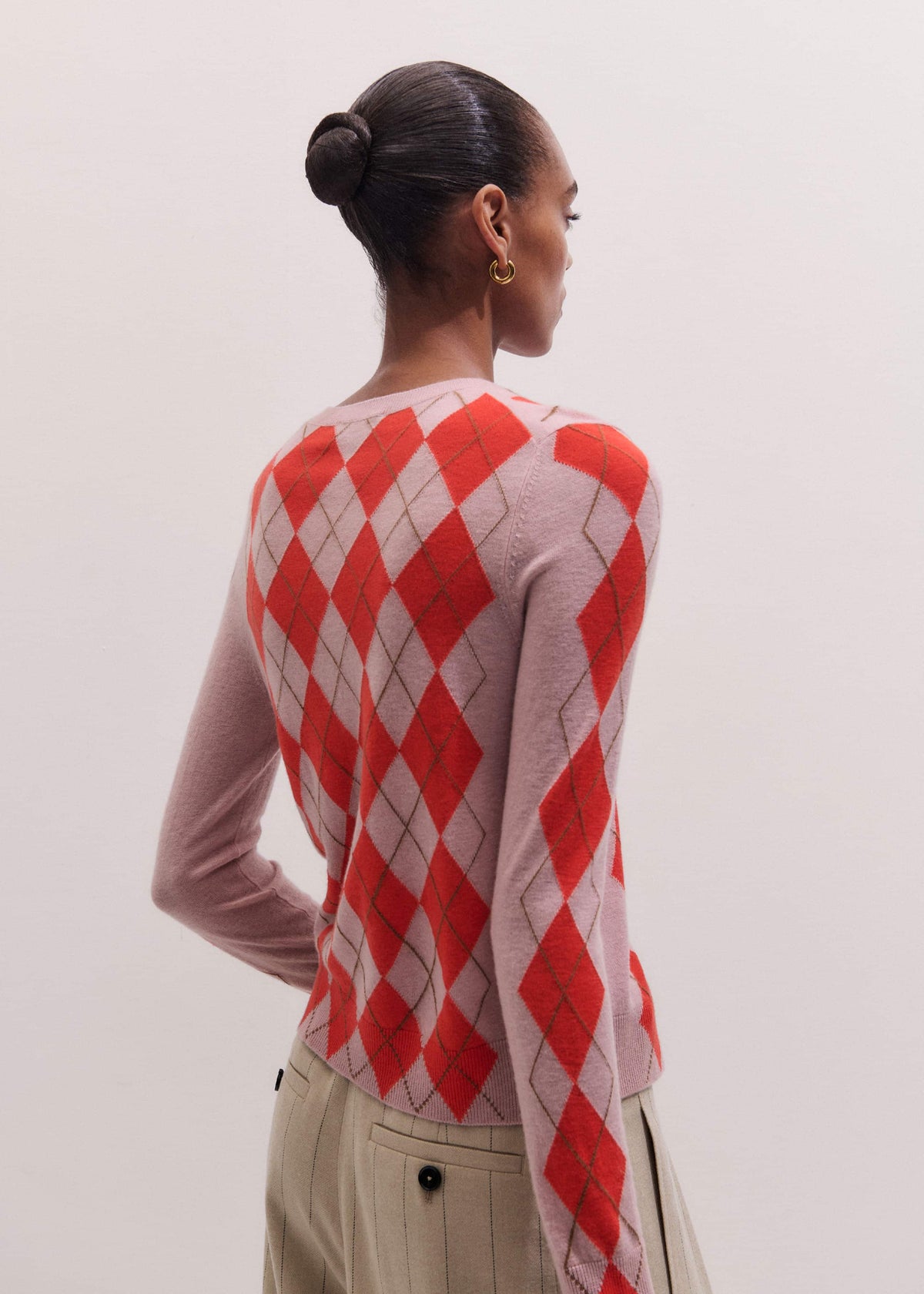 Pink Fine Argyle Slim Knit Cardigan | ME+EM