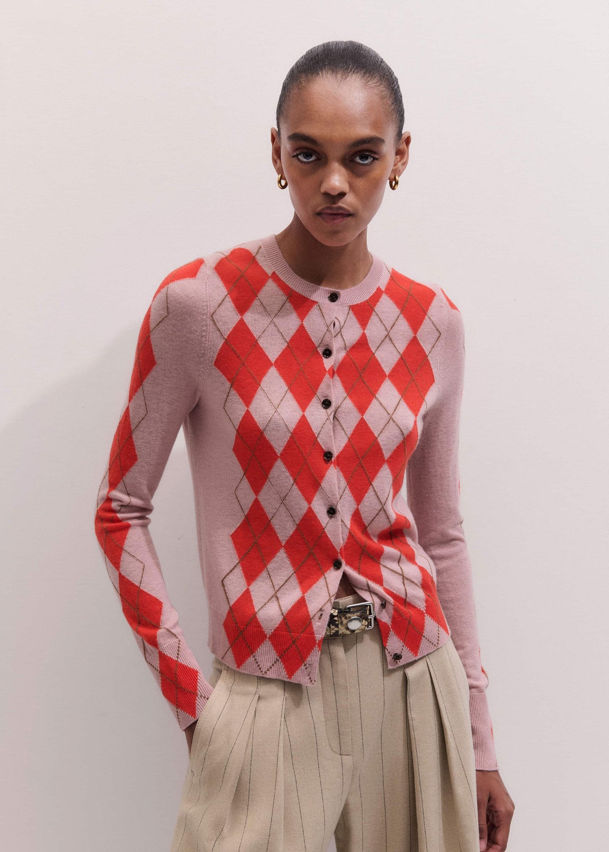 Pink Fine Argyle Slim Knit Cardigan | ME+EM