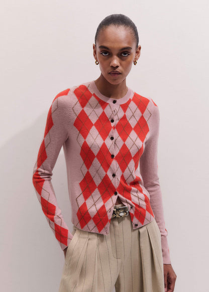 Pink Fine Argyle Slim Knit Cardigan | ME+EM
