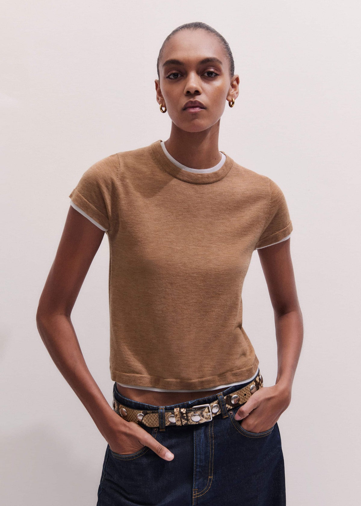 Light Brown Barely There Contrast Trim Knit Baby Tee | ME+EM