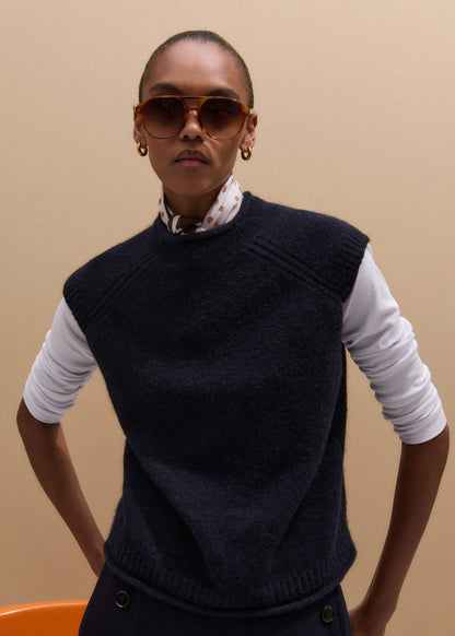 Navy Roll Trim Straight Layering Sweater Vest | ME+EM